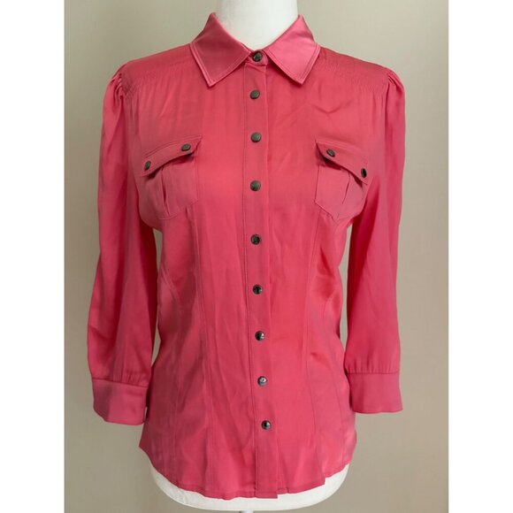Bebe Y2K Silk Button Front Fitted Blouse in Coral Pink Size Small Satin Luxe - Picture 2 of 13